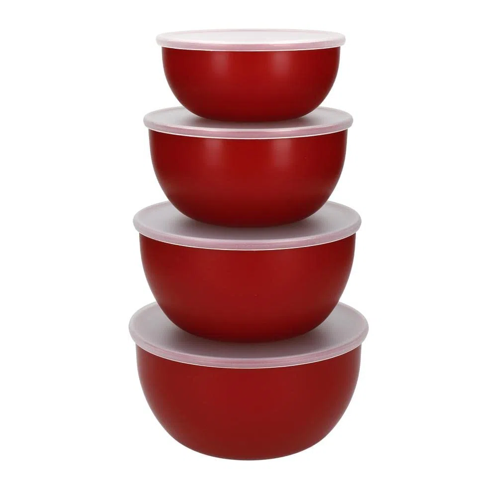 KitchenAid Insalatiere in Plastica con Coperchio, Rosse, Set 4 Ciotole Cucina
