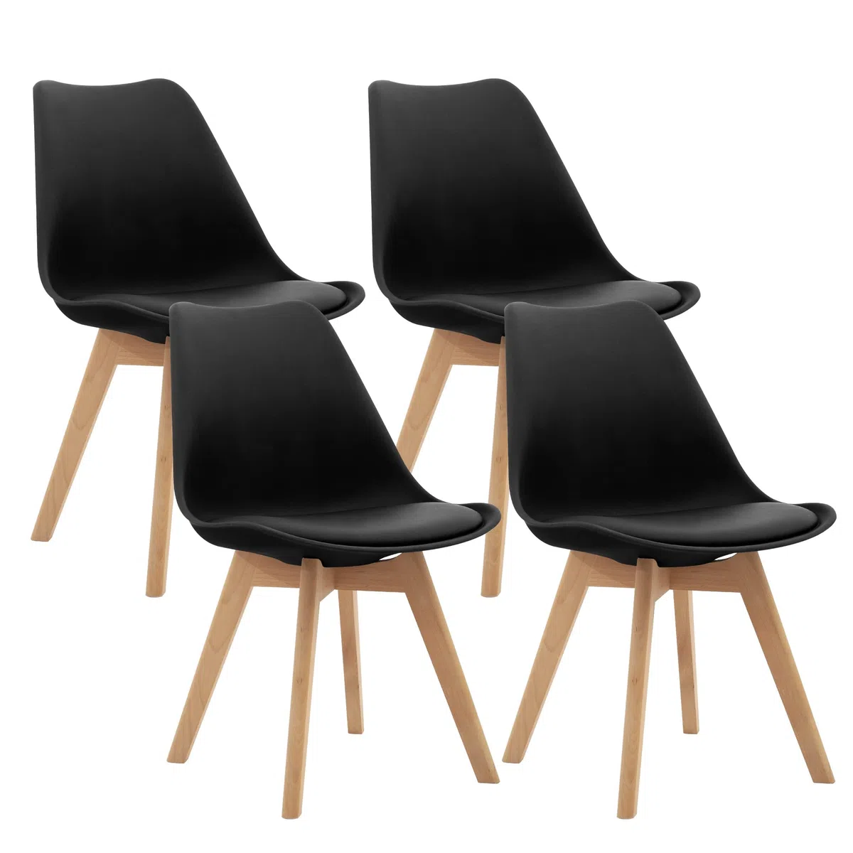 CangLong Set di 4 sedie da ufficio con gambe in legno massiccio di faggio, sedie imbottite dal design retrò del Mid Century per la cucina, la sala da pranzo e il soggiorno, nero