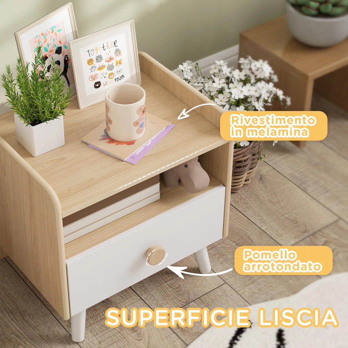 AIYAPLAY Comodino con Cassetto per Bambini 3-10 Anni dal Design Minimal, Comodino per Camera da Letto in MDF e Legno di Pino, 40x32.5x40 cm, Bianco e Legno Naturale