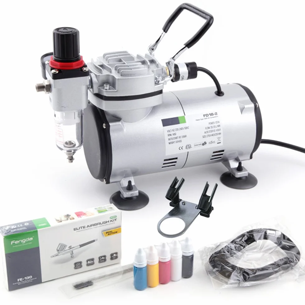 Fengda Kit aerografo di base con compressore FD-18-2 con potente pressione di esercizio e forte flusso d'aria, aerografo FE-130, manuale e accessori, Grigio