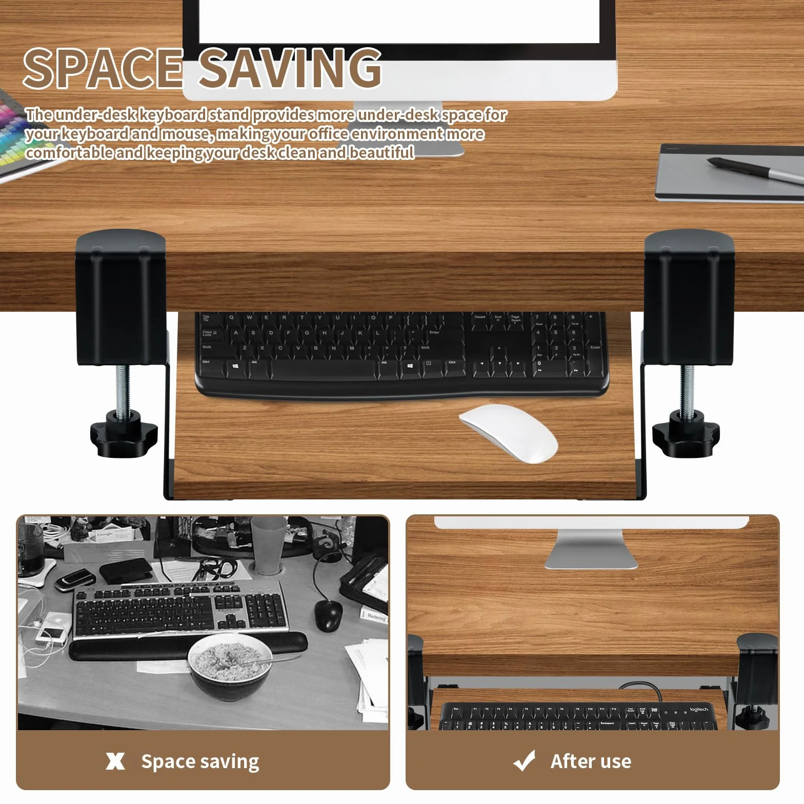 Porta Tastiera Estraibile, Supporto Tastiera Pc con Morsetto C di Grandi Dimensioni, Vassoio per Tastiera Allungabile e Silenzioso per L'Ufficio, 235mm X 140mm (Nero)