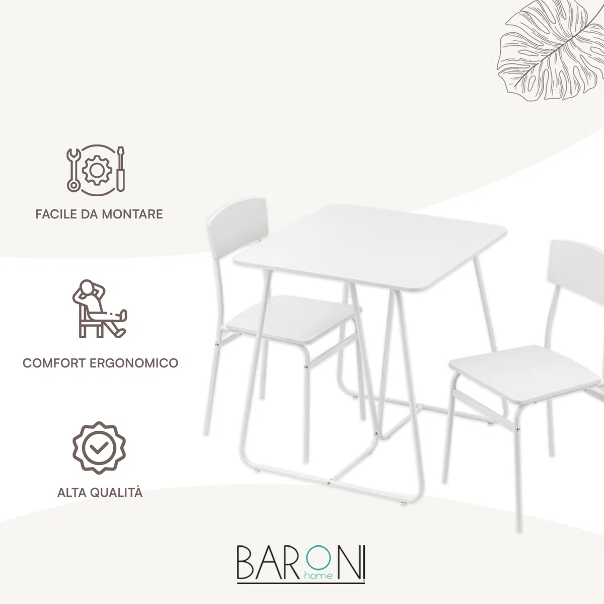 Baroni Home Set Tavolo Quadrato da Pranzo con 2 Sedie, Design Moderno, Leggero, per Interni ed Esterni, Sala da Pranzo, Ristorante, In MDF e Acciaio, Montaggio Facile, Bianco