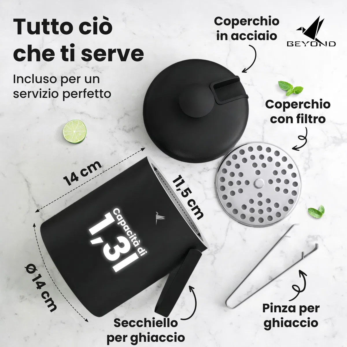 Beyond Secchiello per Ghiaccio con Coperchio e Pinza in Acciaio Inox – Porta Ghiaccio Secchiello Refrigerante Doppia Parete 1,3 Litri, Secchio Ghiaccio, Contenitore per Cubetti di Ghiaccio – Nero