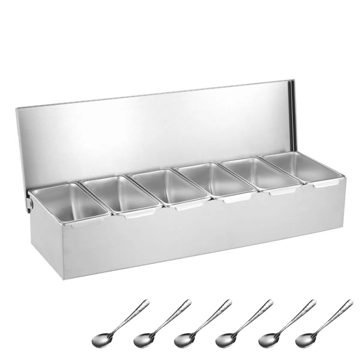 TAIMIKO Contenitore per ingredienti in acciaio inox, 6 griglie, contenitore per spezie, 45 x 14 x 8 cm, contenitore per barbecue con coperchio e griglia interna estraibile, portaspezie cucina