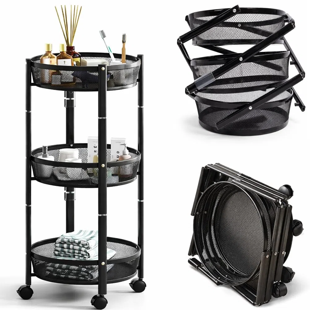 BAKAJI Carrello Pieghevole Salvaspazio Tondo a 3 Ripiani in Metallo, Carrellino Richiudibile Ergonomico Rotondo, Organizer 88 x 35 cm Ideale per Bagno, Cucina, Ufficio con 4 Ruote (Nero)