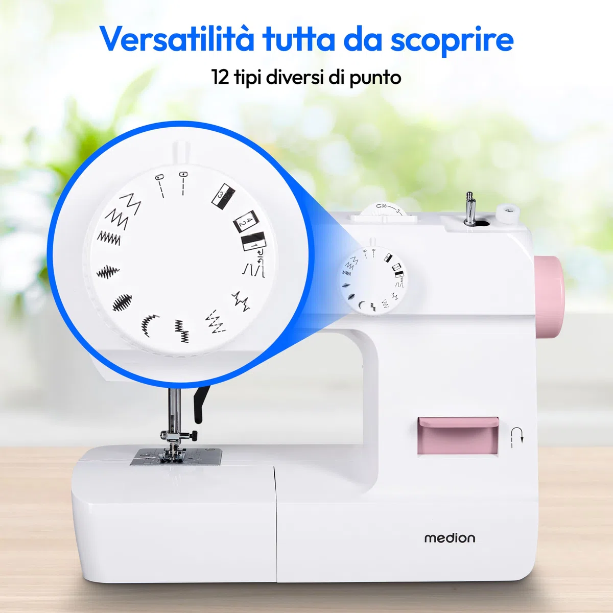 MEDION Macchina per cucire SM70 (70 watt, 12 diversi modelli di punto, luce di cucitura a LED, lunghezza del punto regolabile, pulsante di inversione, tagliafilo, MD11179) rosa
