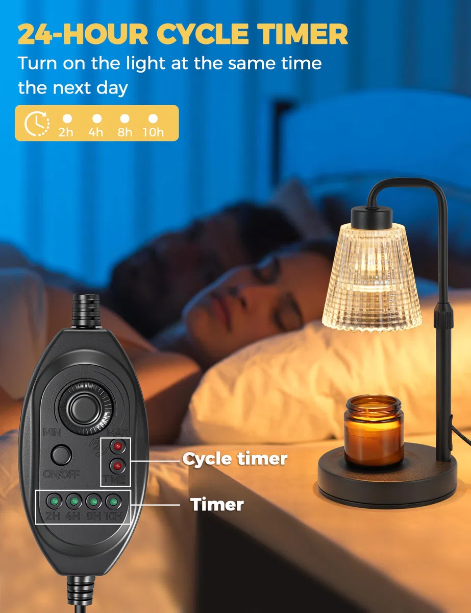 GODONLIF Lampada scaldacandele, altezza regolabile, timer dimmerabile, decorazione per la casa, cera melts, scalda candele in vetro con 2 lampadine, Nero