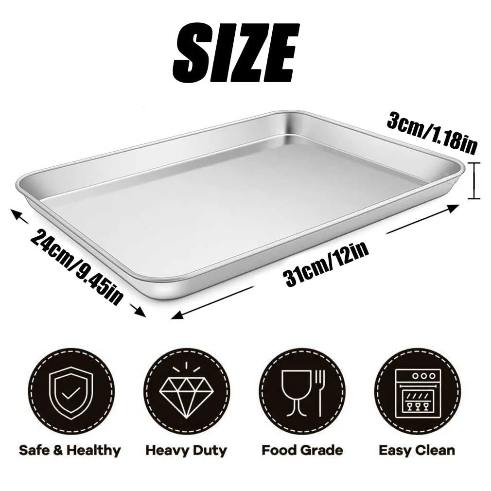 Set di 2 teglie da forno rettangolari in acciaio inox, facili da pulire e lavabili in lavastoviglie, perfette per torte, lasagne, biscotti, pizza, pane (31 x 24 x 3,1 cm)