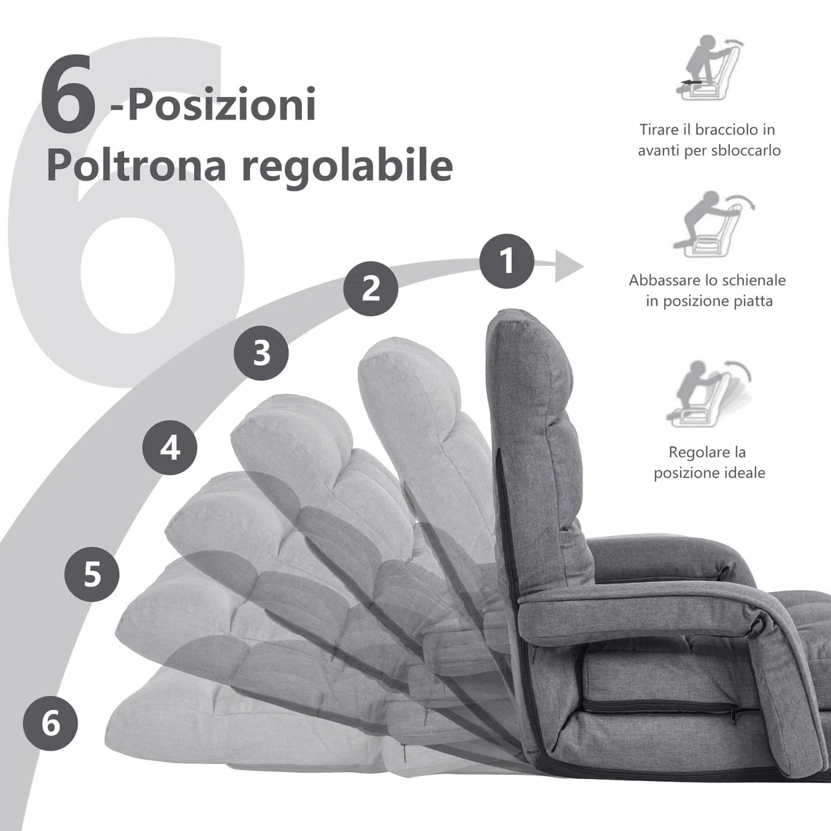 COSTWAY Poltrona Divano con 5 Livelli Regolabili, Sedia da Terra con Braccioli e Cuscino, Struttura in Acciaio, Multifunzione e Pieghevole per Soggiorno Camera da Letto, 55x66x71 cm (Grigio)