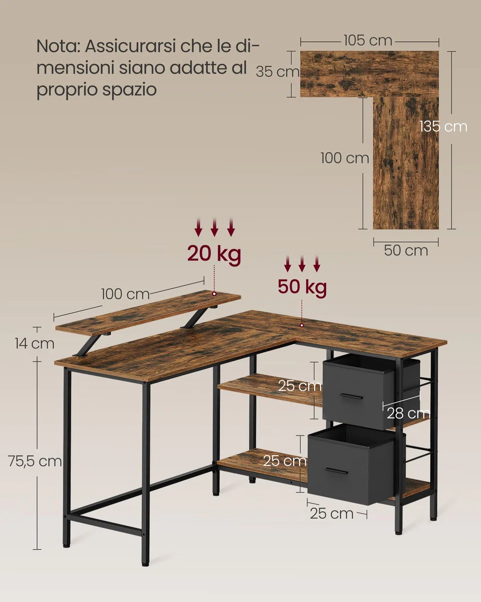 VASAGLE Scrivania per Computer a L, Scrivania ad Angolo con 2 Cassetti Spaziosi e Supporto per Monitor, Ripiano Regolabile, per Ufficio Studio, Marrone Vintage LWD098B01