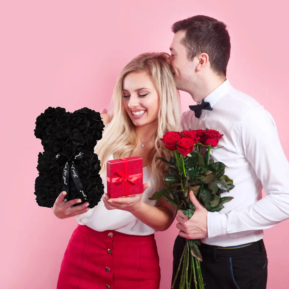 DuHouse Rose Bear Rose Teddy Bear Flower Gift Black Box per San Valentino Anniversario Festa della Mamma Natale, Compleanni Bridal Showers Completamente realizzato a mano 25,4 cm (nero)