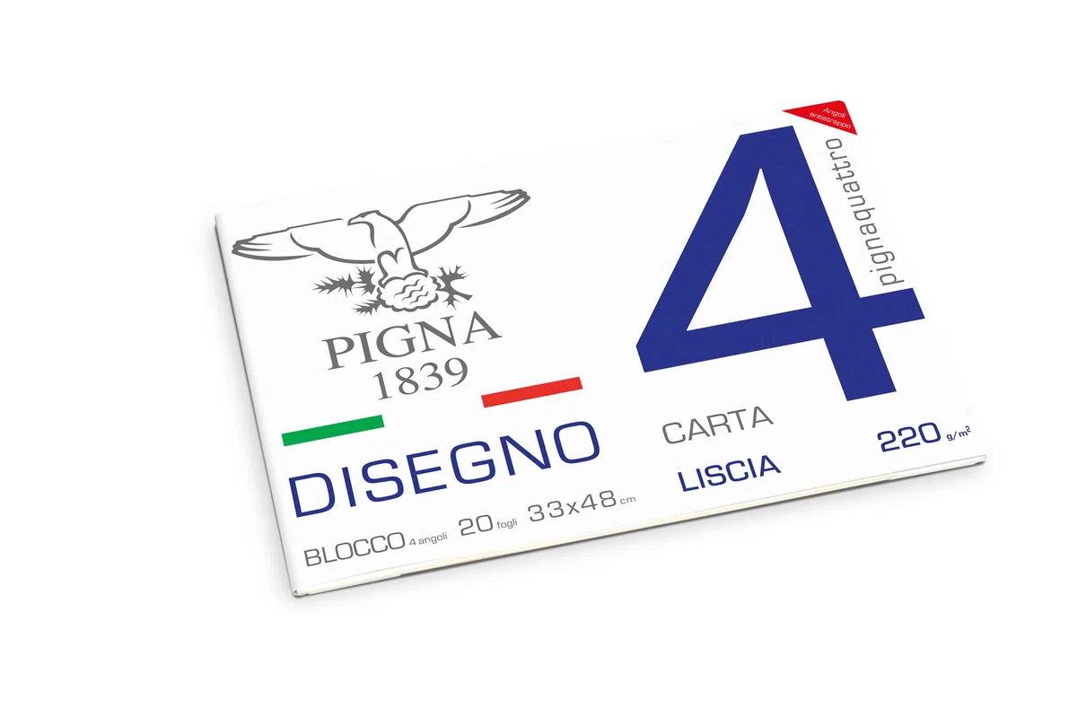 Pigna, Blocco da Disegno con 4 angoli PignaQuattro, Formato 33x48 cm., 20 Fogli da 220 g/m², Perfetto per Disegni e Schizzi, Carta Liscia, confezione 1 pezzo