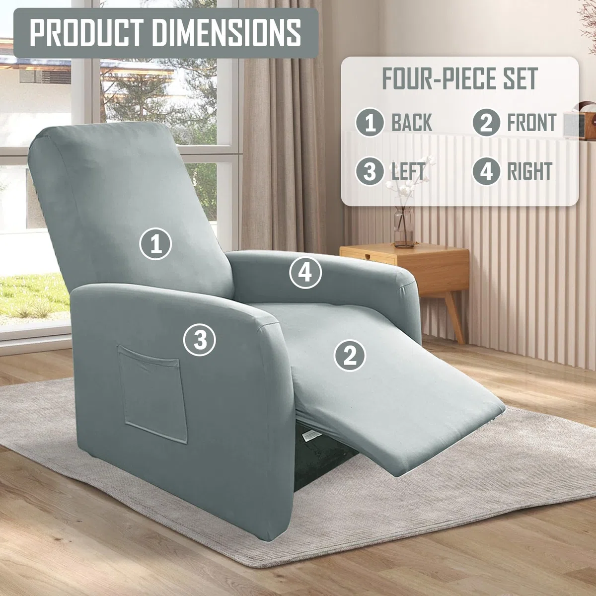 MeYuxg Copri Poltrona Relax Reclinabile a 1 Posto, Elasticizzato Copripoltrona Relax Reclinabile con Tasche, Impermeabile Copri Poltrona Totale, per Poltronas Relaxs e TV(Grigio Chiaro, 4 Pezzi)