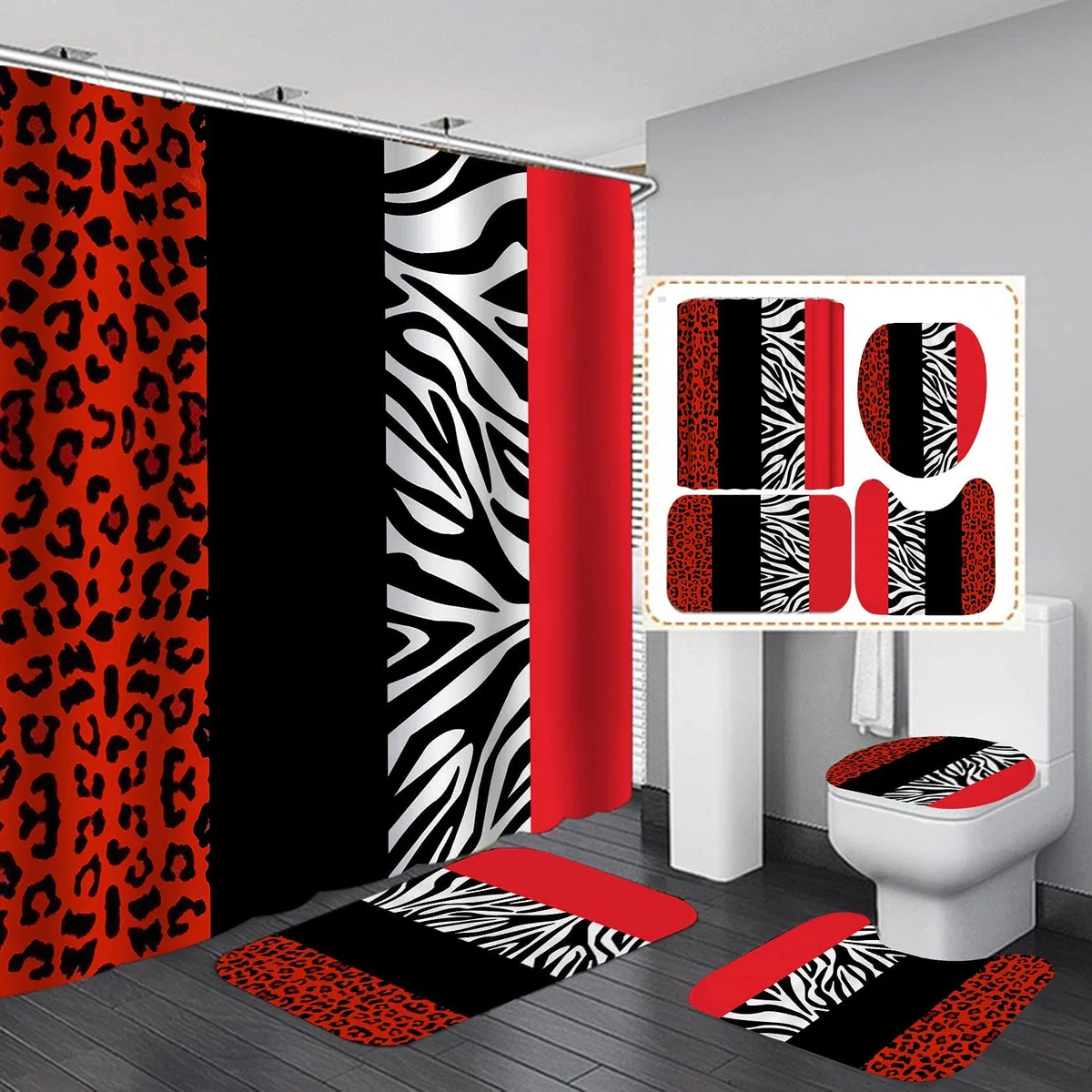 Set di 4 tende da doccia con stampa leopardata con tappeto antiscivolo, copertura del coperchio del WC e tappetino da bagno, tenda da doccia con 12 ganci, tenda da doccia resistente