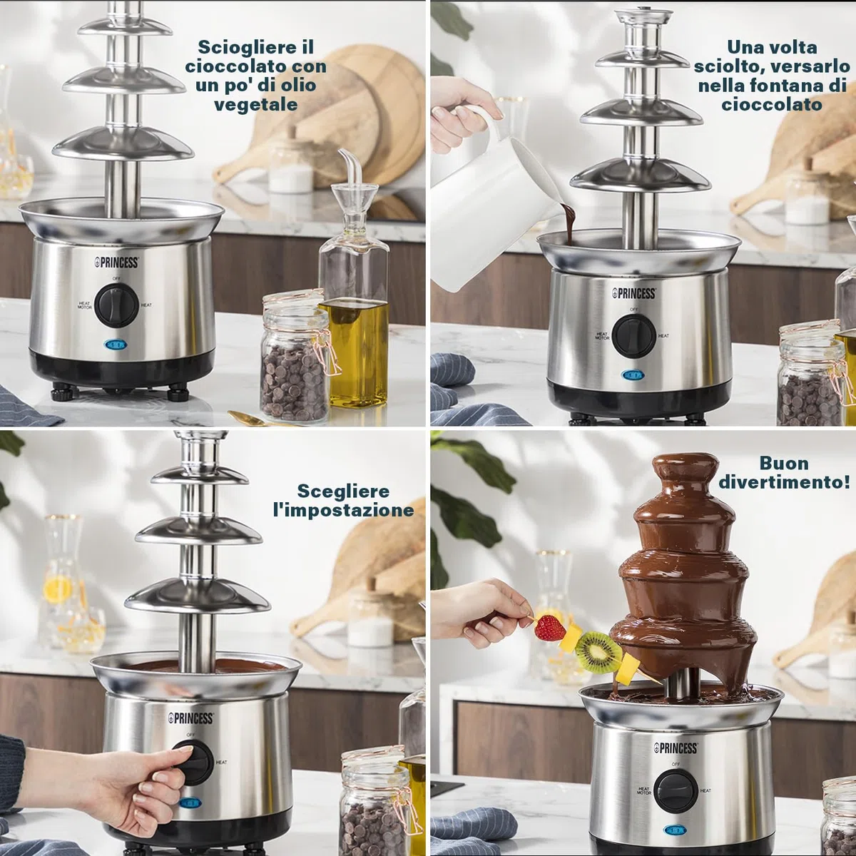 Princess Fontana di cioccolato XXL – 4 piani in acciaio – Mantenimento in caldo – 190 W – 1,1 L – senza PFOA e BPA – argento – 292999