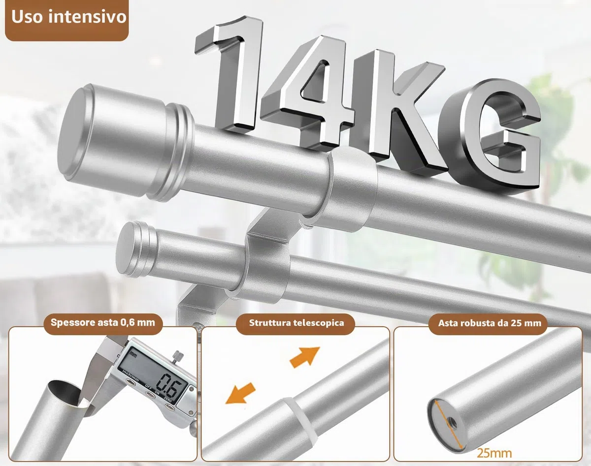 HOTOZON Argento Bastone da Tenda Doppio 190-355 cm, 25 mm Estensibile Bastone Tenda Doppio Montado en la Pared con Remates de Tapa Para Ventanas