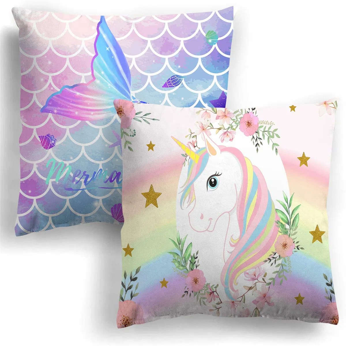 MUSOLEI 2 pezzi Unicorno Copricuscino 45X45 Bambini Velluto Sirena Copricuscino Peluche Divano Copricuscino con Federe Cerniera Ragazze, Unicorno A