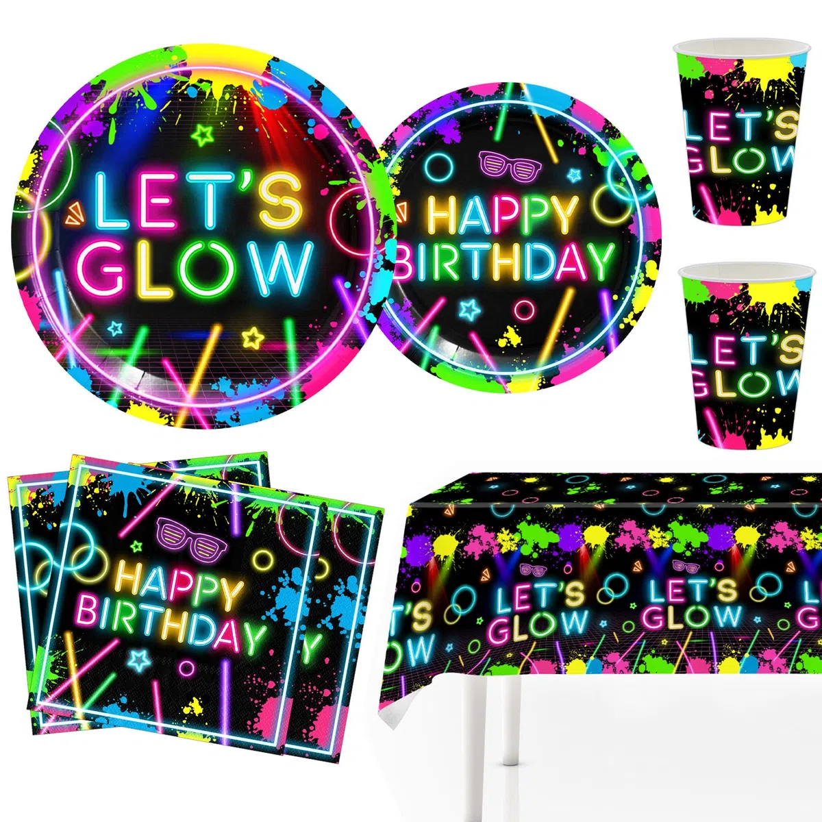 51 Pezzi Decorazioni Festa Neon, Set Tavola Fluo, Piatti Carta Fluorescenti, Glow Bicchieri, Tovaglioli, Forniture Tavola Festa per Bambini e Ragazzi