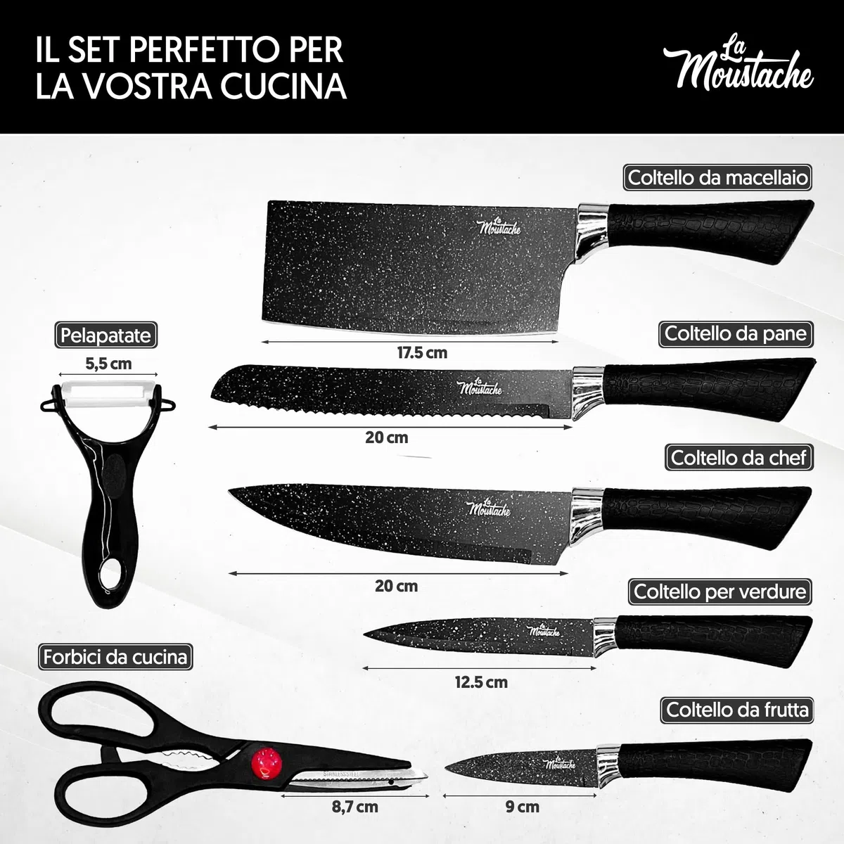 La Moustache - Set di Coltelli 7 Pezzi da Cucina Professionali, Inossidabile e Antiaderenti, Forbici, Pela Verdure, Coltelli da Chef per Pane e Carne, Ergonomici e Prova di Calore (Marmo)