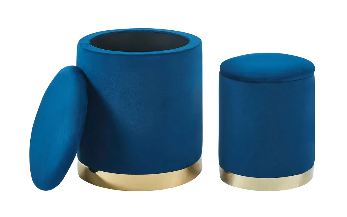IlGruppone Set Di 2 Pouf Contenitore In Velluto Design Moderno Poggiapiedi,Sgabello Tondo con Coperchio Rimovibile e Seduta Imbottita Alta Densità Con Fascia In Metallo Capiente Storage Box- Blu