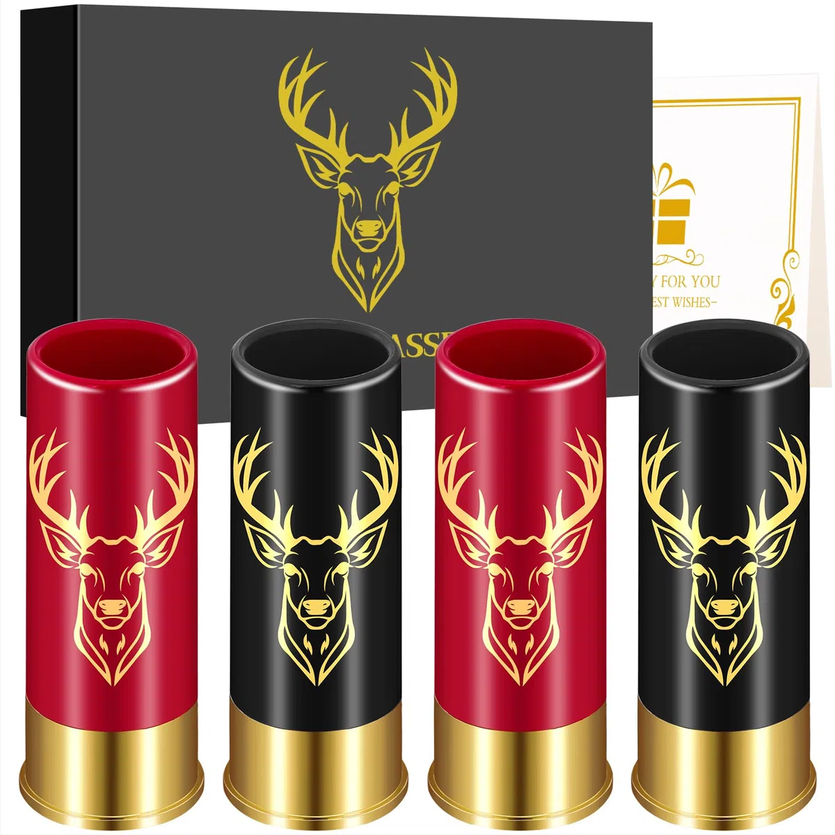 Set di 4 Bicchierini da Shot con Testa di Cervo, con Confezione Regalo, Regali di Compleanno, Matrimonio, Festa del Papà, Natale, 12GA Caccia al Cervo, Piccoli Bicchierini, Plastica, Nero e Rosso