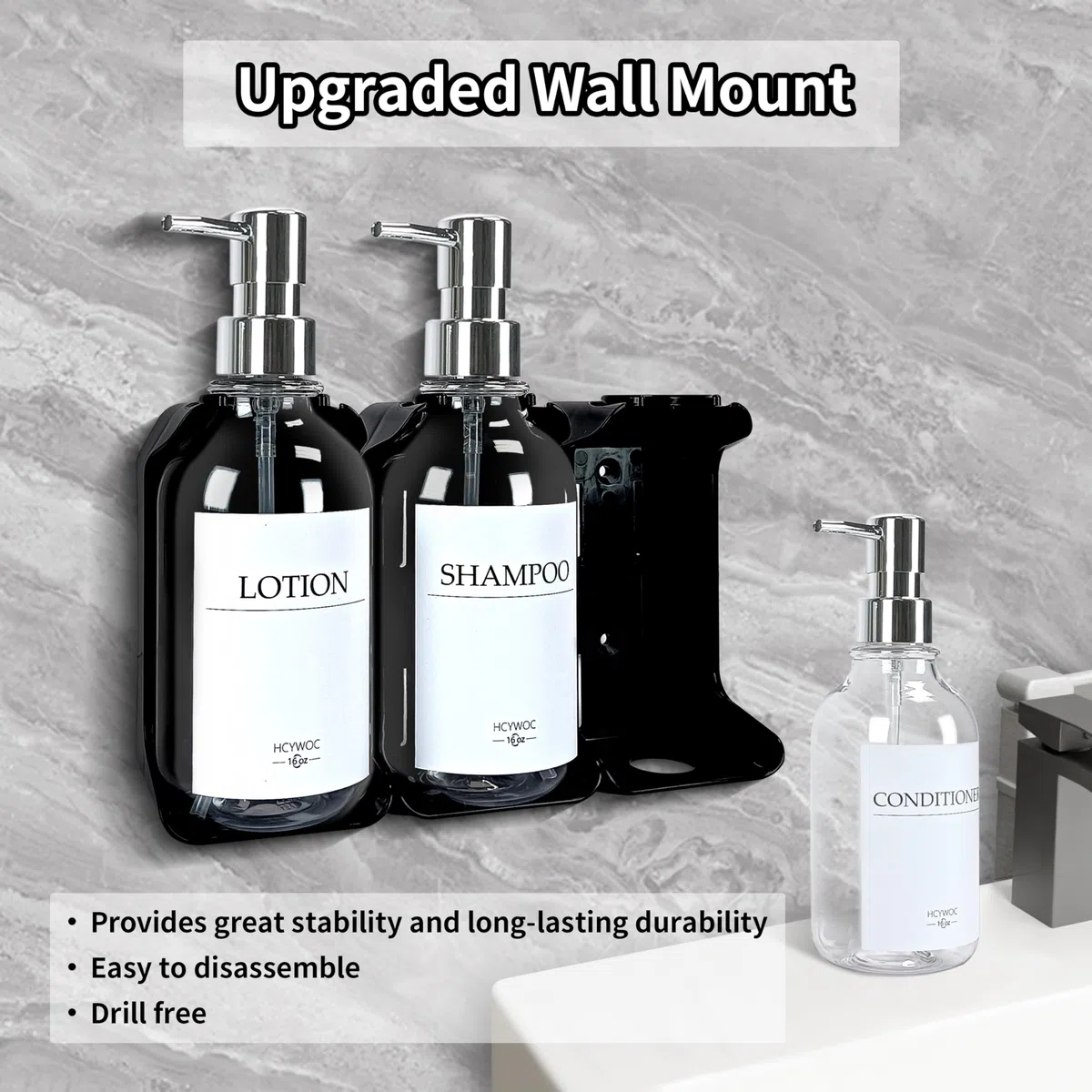 Dispenser per shampoo e balsamo, dispenser di sapone da doccia con 16 etichette impermeabili, dispenser per shampoo per parete doccia, dispenser per doccia a 3 camere senza trapano, 500 ml,