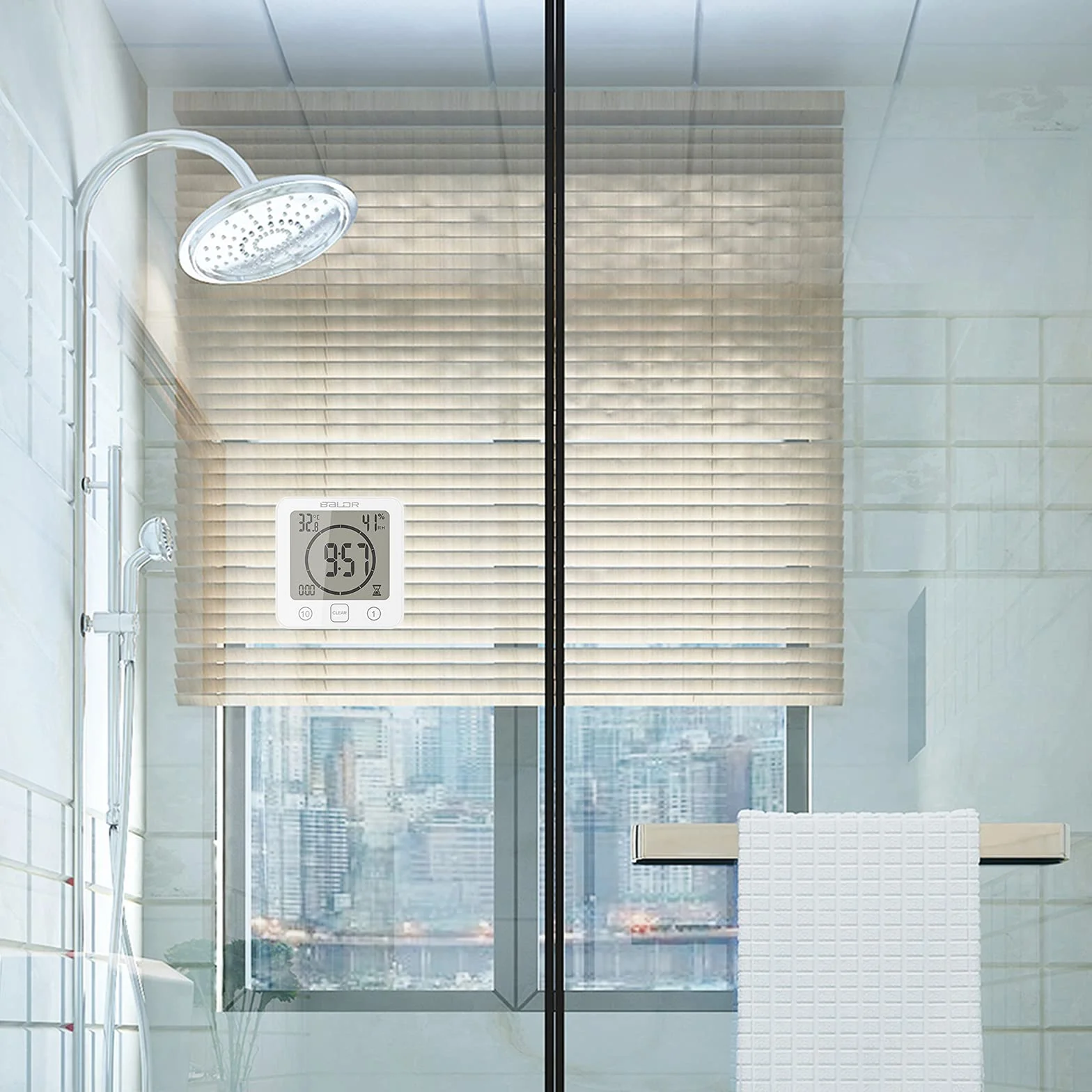 ALLOMN Orologio da Bagno, Doccia Orologio Allarme Impermeabile Toccare Controllo ℃/℉ umidità Temperatura, Timer per il Conto Alla Rovescia, 3 Metodi di Montaggio, Alimentazione a Batteria (Bianca)