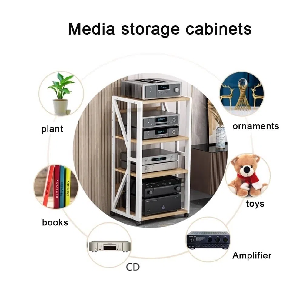 Supporto multimediale AV, Rack Audio Mobile, Rack Stereo a 3, 4 e 5 Livelli con Ruote, mobiletto portaoggetti con Altezza Regolabile, mobiletto Porta componenti Aperto HiFi (Nero, 5 Livelli)