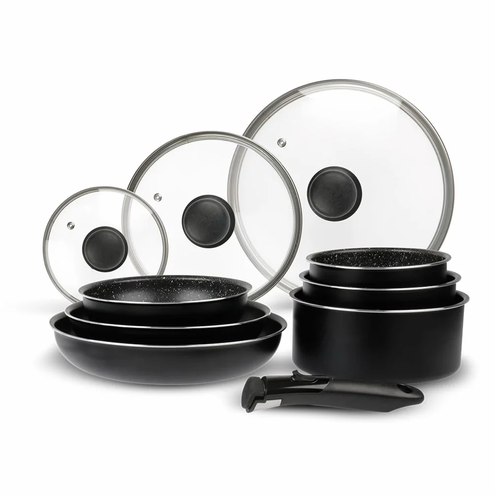 Sitram 713499 Set di Pentole e Padelle da 10 Pezzi: 3 Padelle Ø20,24,28 cm + 3 Pentole Ø16,18,20 cm + 3 Coperchi in Vetro Ø16,20,24 cm + Manico removibile, Tutte le fonti di calore compresa induzione