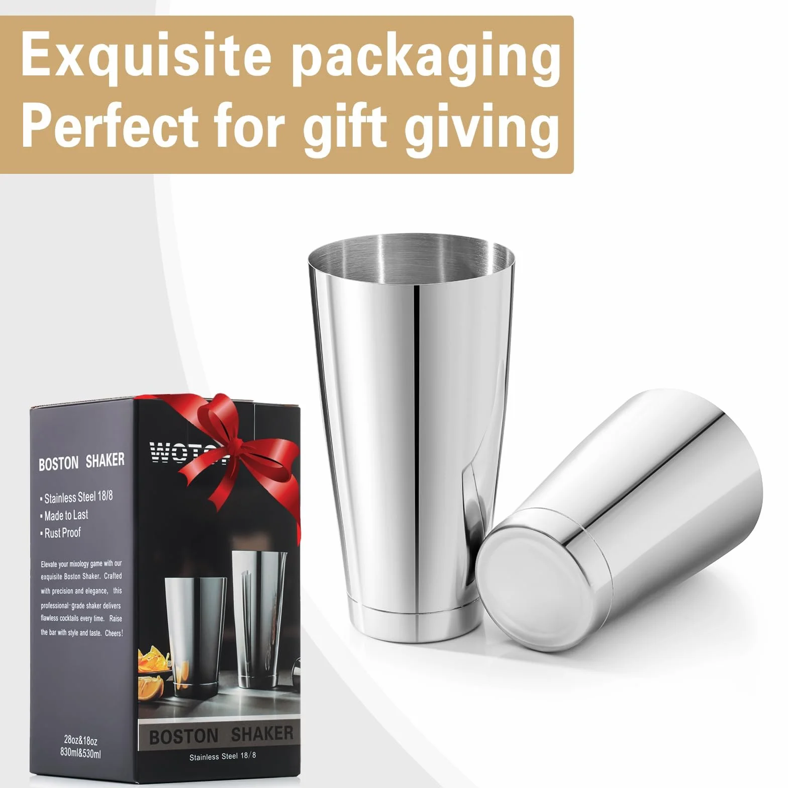 WOTOR Set Boston Cocktail Shaker, 530ml e 830ml Shaker in acciaio inox con peso, barattoli in metallo Martini Shaker Drink Mixer per bartending, strumenti da bar professionali per bartender