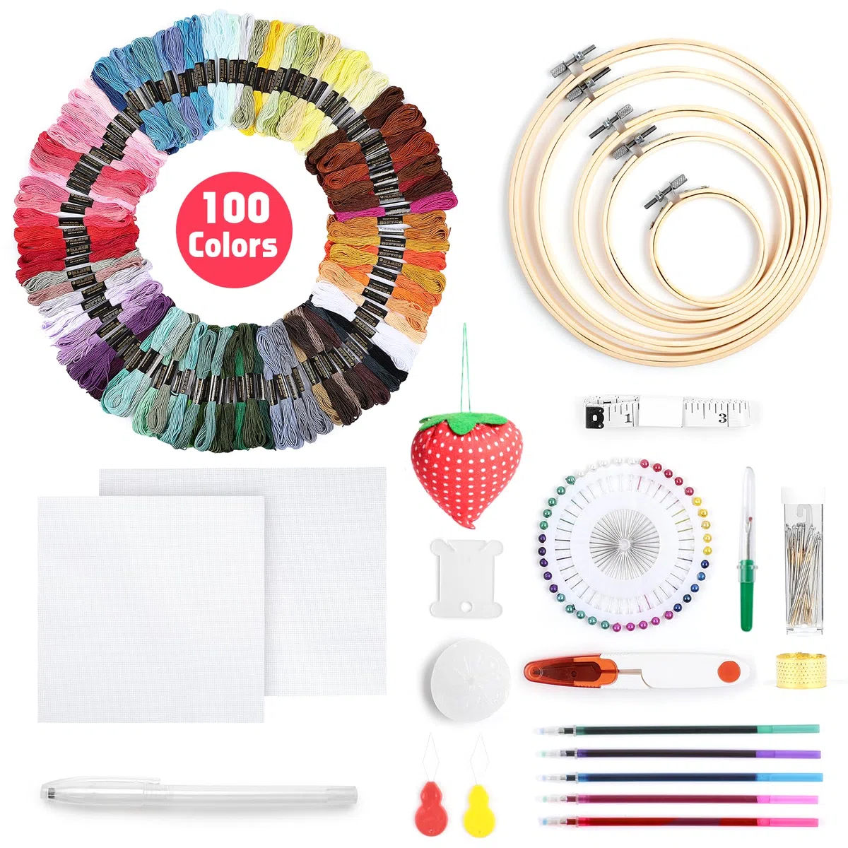 Romon Filo da Ricamo, Kit da Ricamare Braccialetti Kit Punto Croce con 5 Cerchi In Bambù, 100 Fili Colorati, 3 Pezzi di Tela Aida e Strumenti per il Cucito