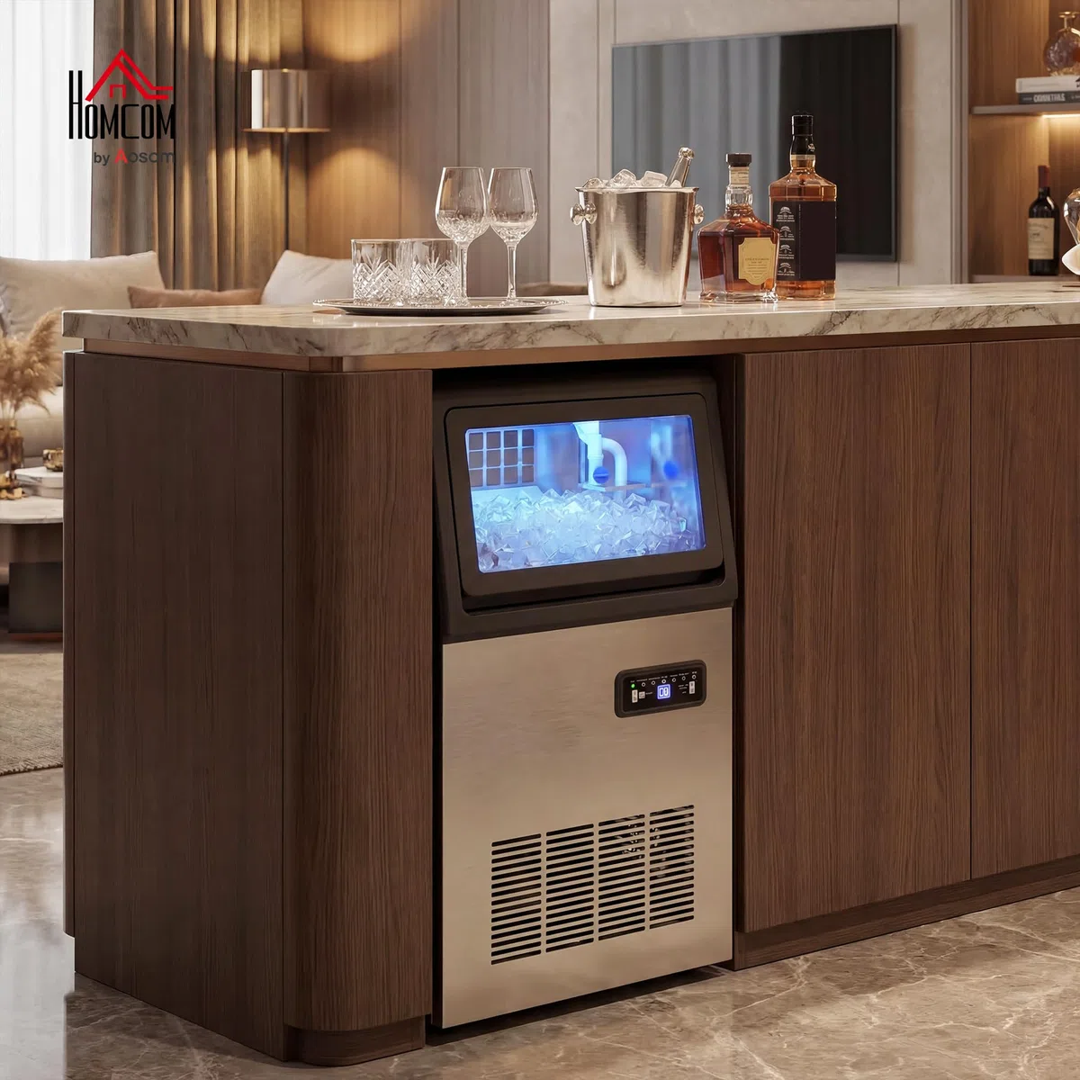 HOMCOM Macchina per cubetti di ghiaccio commerciale 45 kg/24 H autopulente Gelatiera con 7,5 kg di memoria, timer, Ice Maker Machine in acciaio inox con paletta per ghiaccio per bar, ufficio
