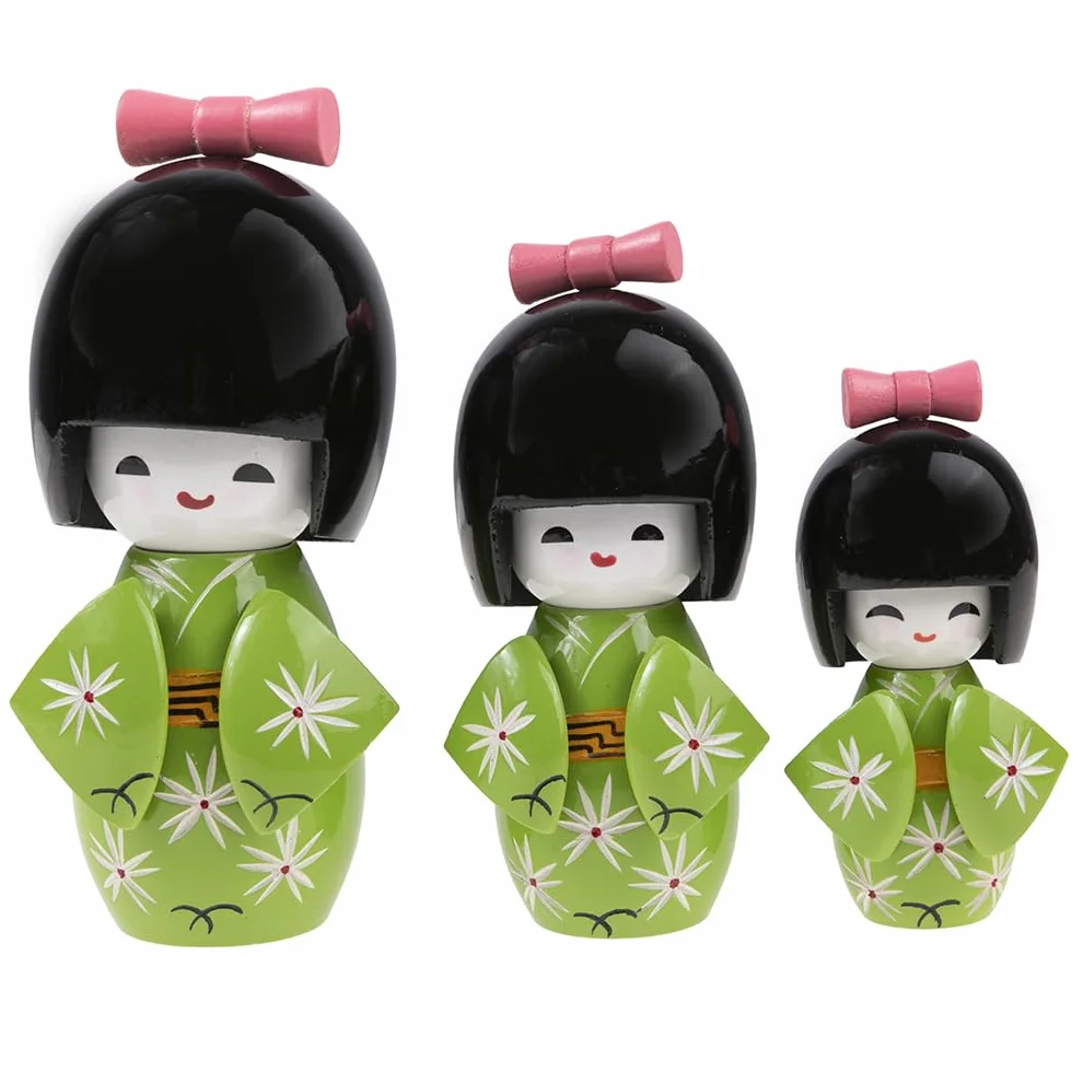 lachineuse - Trio Kokeshi giapponesi - Bambole giapponesi in legno - Kimono verde e fiori di ciliegio - Statuine decorative giapponesi - Idea regalo originale per decorazioni asiatiche