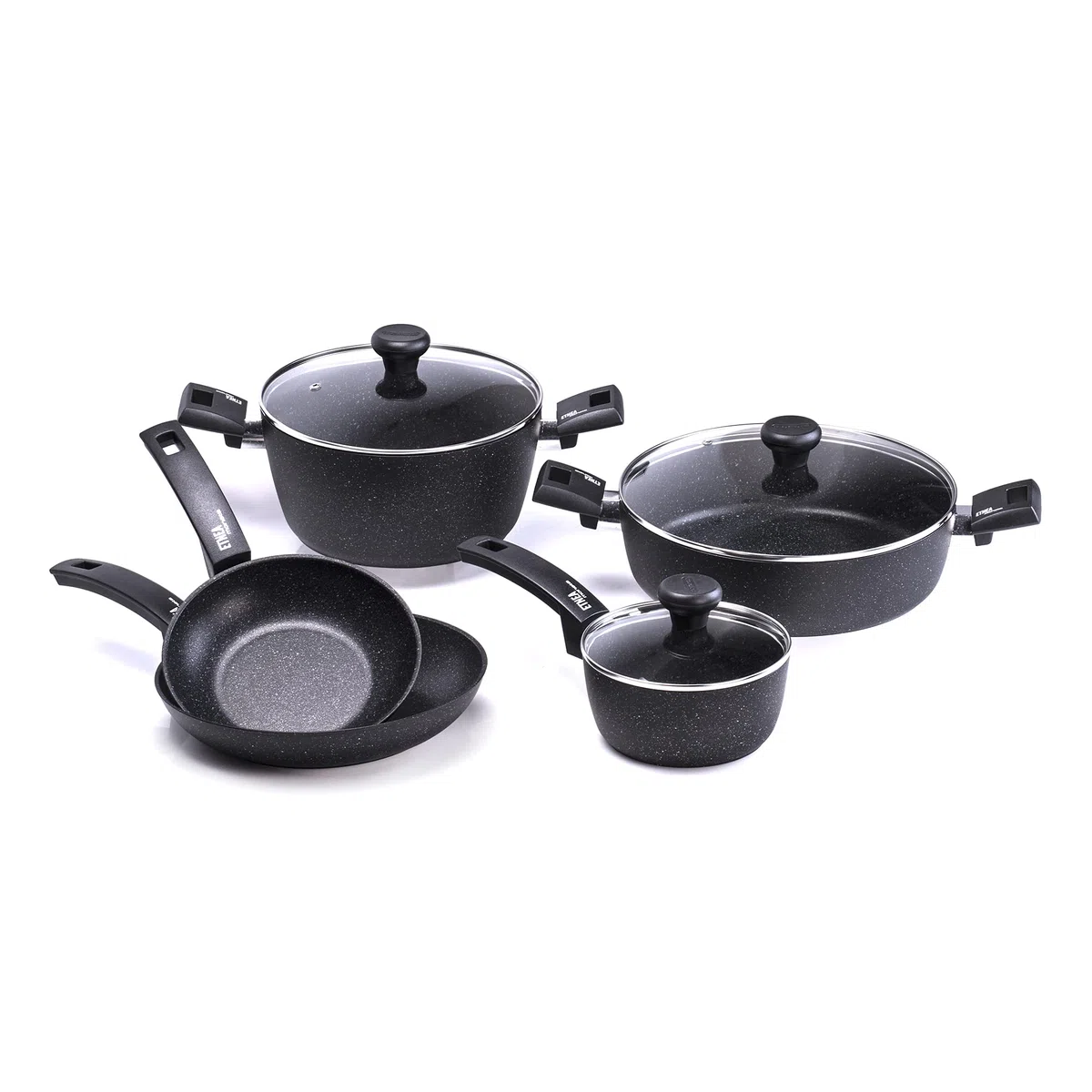 MONETA Set Pentole 8 Pezzi Etnea con Padelle Antiaderenti e Coperchi, Batteria Pentole in Alluminio Forgiato Effetto Pietra, Set Padelle e Pentole Antiaderente per Gas Elettrico - Made in Italy
