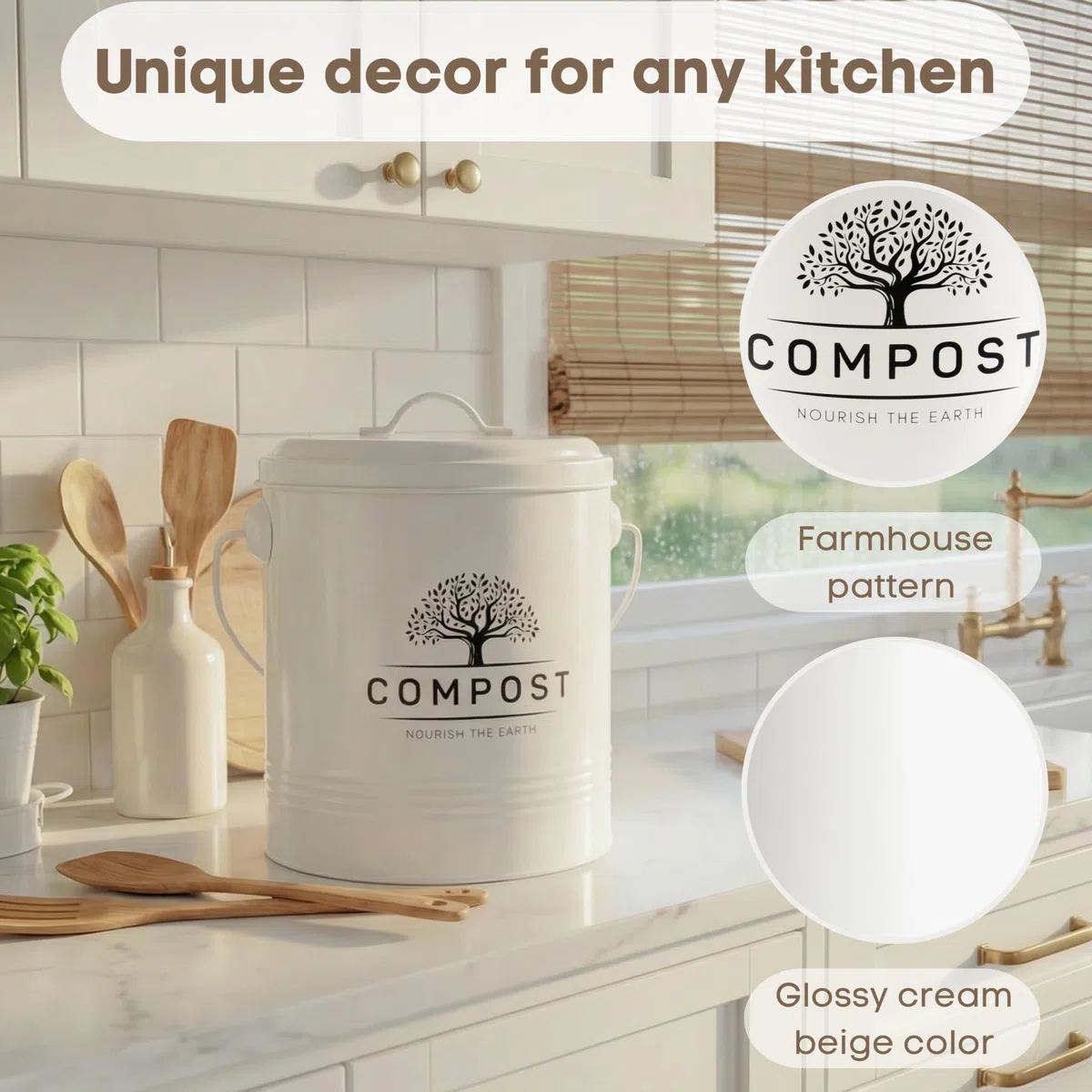 Perfnique Pattumiera da cucina per compost, da 1,3 galloni, con coperchio, secchio per compost da interno con fodera interna e filtro al carbonio, piccolo cestino per compostaggio