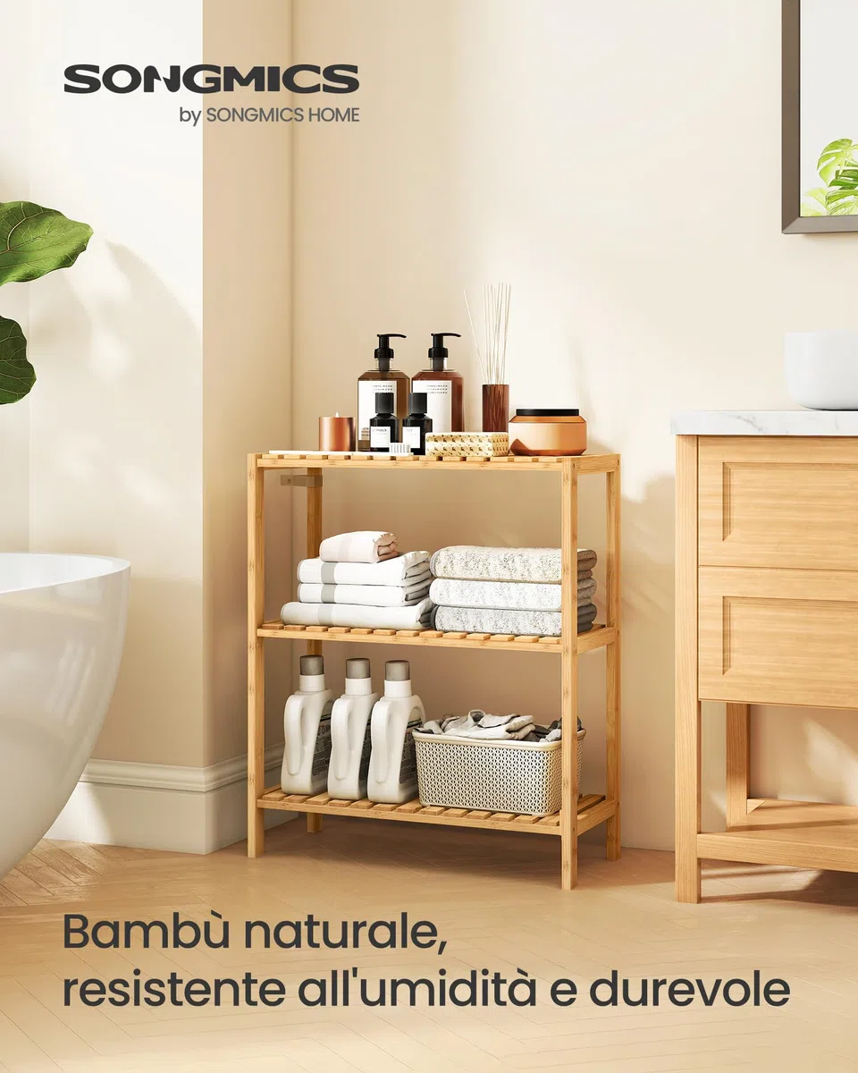 SONGMICS Scaffale Portaoggetti in Bambù, Mensola a 3 Ripiani, Multiuso, per Ingresso, Bagno, Soggiorno, Balcone, Cucina, 26 x 60 x 66 cm, Beige Naturale BCB33Y