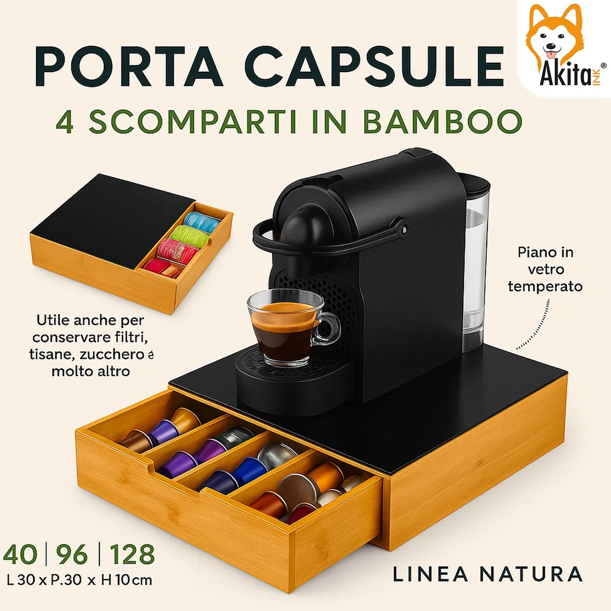 AKITAInk Porta Cialde in Bambù con Cassetto a 4 Scomparti e Piano in Vetro - Organizer per Capsule, Caffè e Tisane - Perfetto per Angolo Caffè Moderno in Cucina e Ufficio