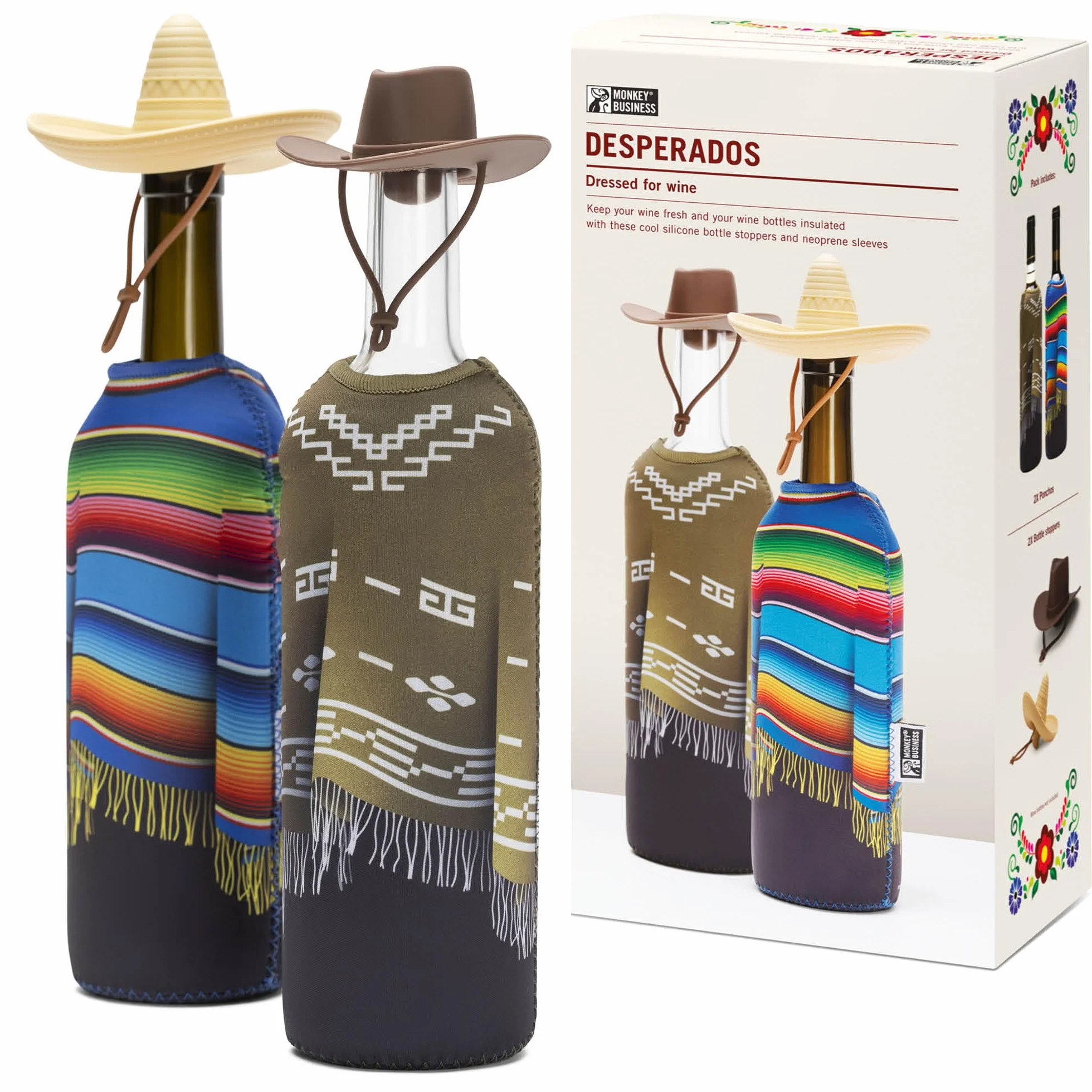 Monkey Business Gift Set per Amanti del Vino – 2 Tappi in Silicone + 2 Poncho in Neoprene per Bottiglie 750 ml – Isolamento per Bottiglia Aperta + Tema Wild West