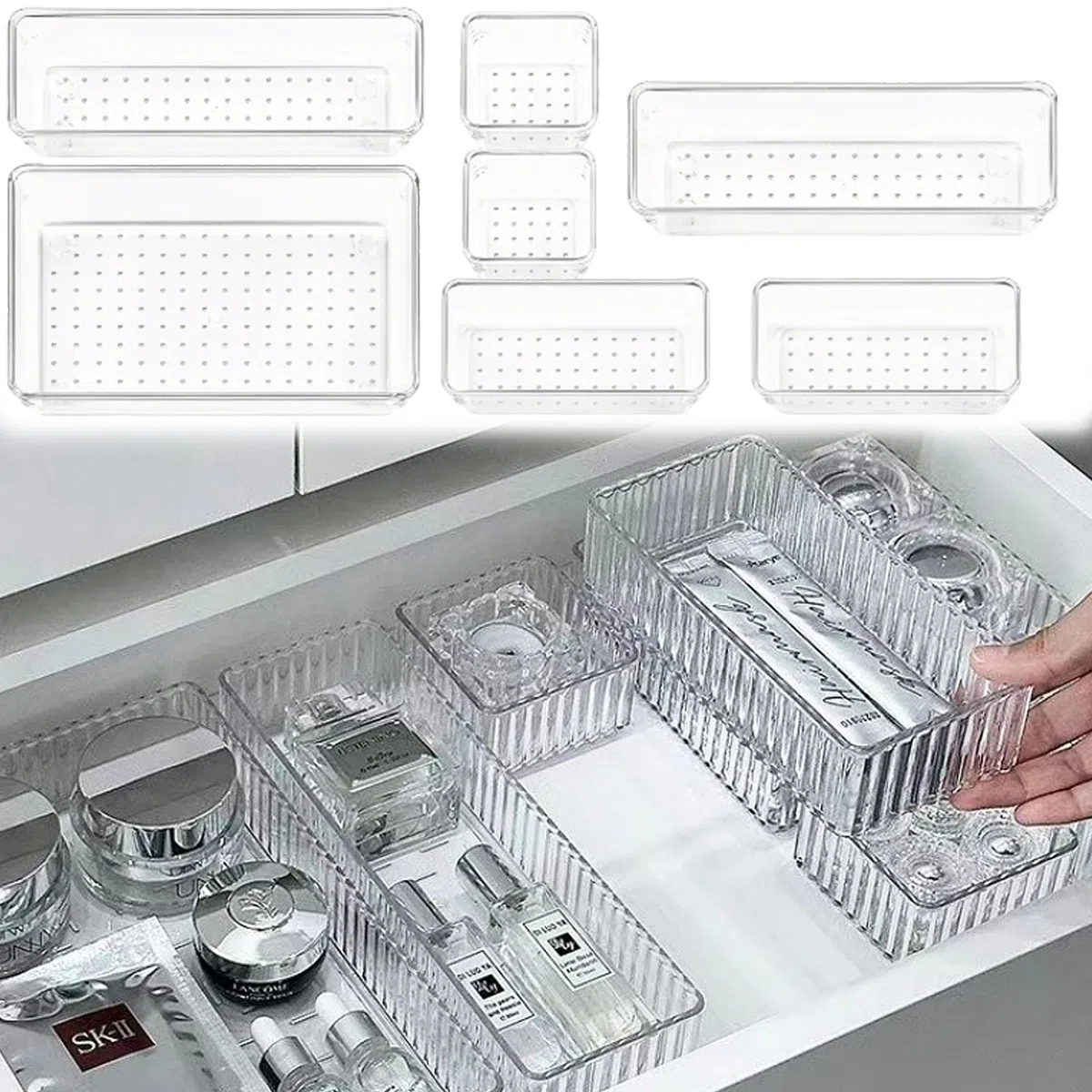 7PCS Cassetti Trasparenti, Ricezione Efficiente, 4 Dimensioni per l'uso del Trucco o Della Scrivania, Vassoi per l'organizzatore del Della Scrivania, Ideale per l'organizzazione Domestica