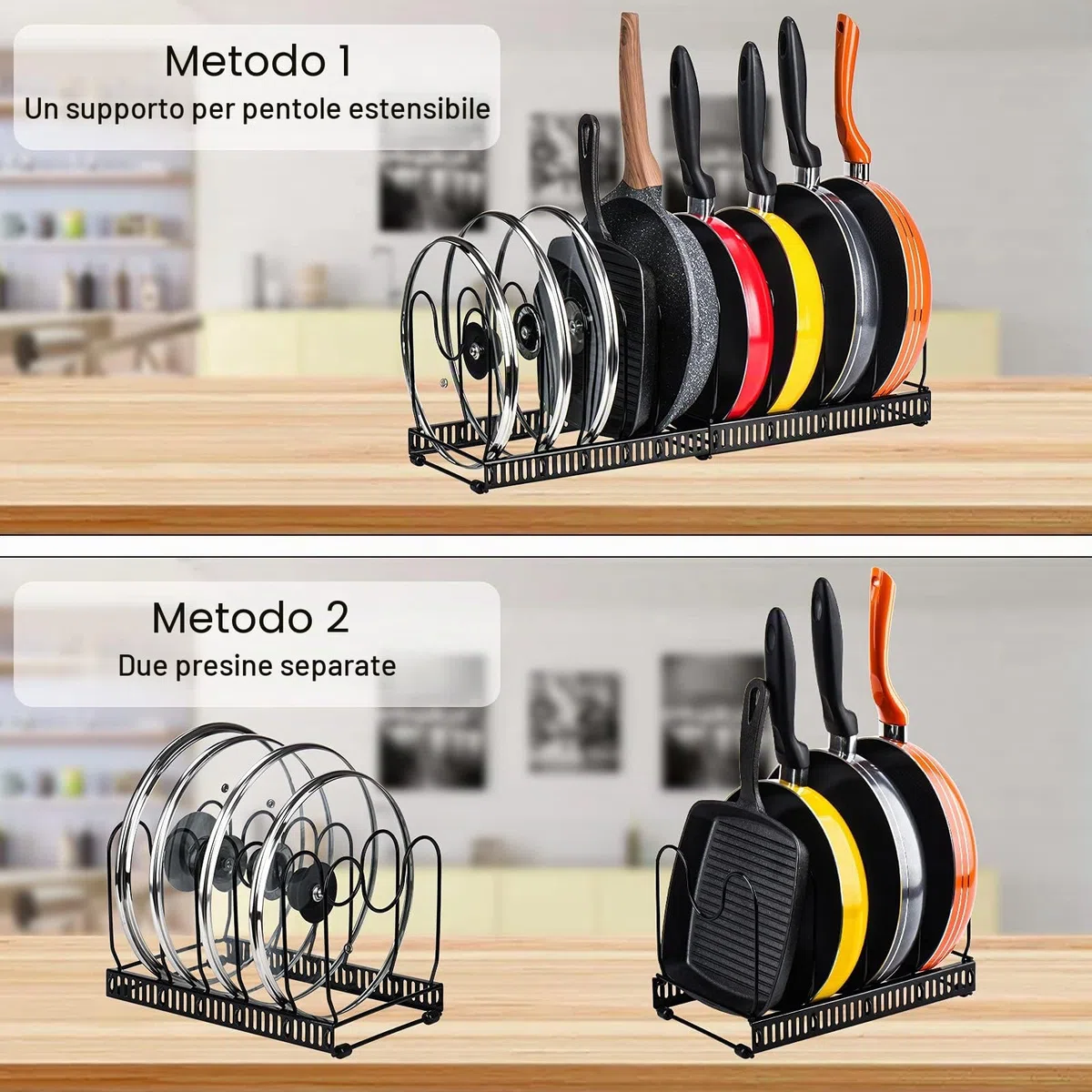 Toplife Porta Padelle Allungabile in Acciaio con 10 Scomparti Regolabili, Porta Coperchi Pentole Salva Spazio, Organizer Cucina, Nero