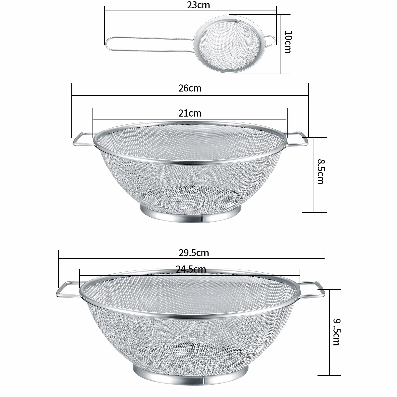3 Pz Setaccio in Acciaio Inox, Scolapasta Colino da Cucina in Acciaio Inossidabile, Colapasta in Rete Microforato con Doppio Manico, per Pasta Verdura Frutta Cibo, Ø 24,5 cm & Ø 21,5 cm