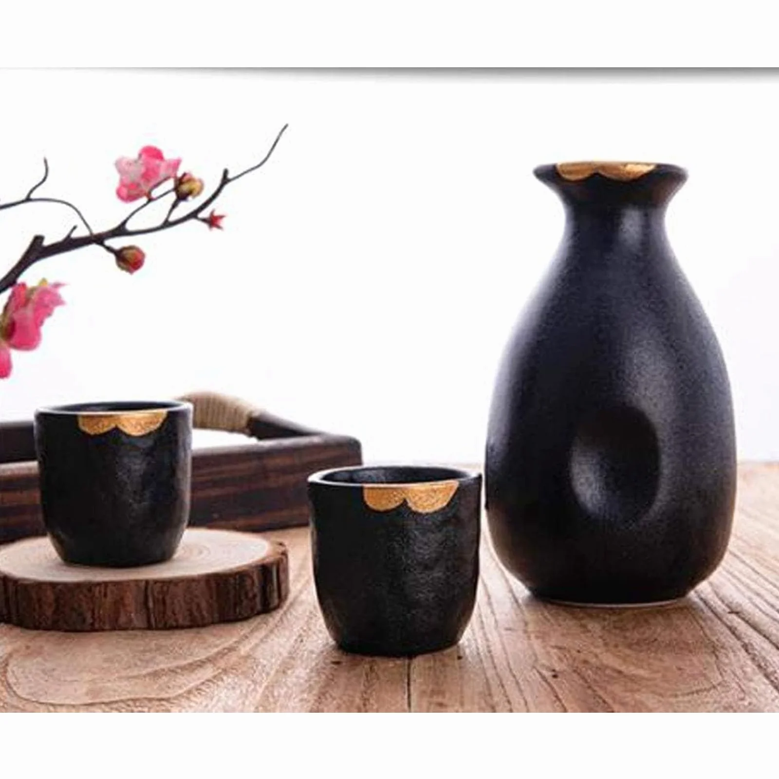 Set di 5 tazze da sakè giapponesi, dipinte a mano, in ceramica, per degustazione di vini casalinghi, colore nero