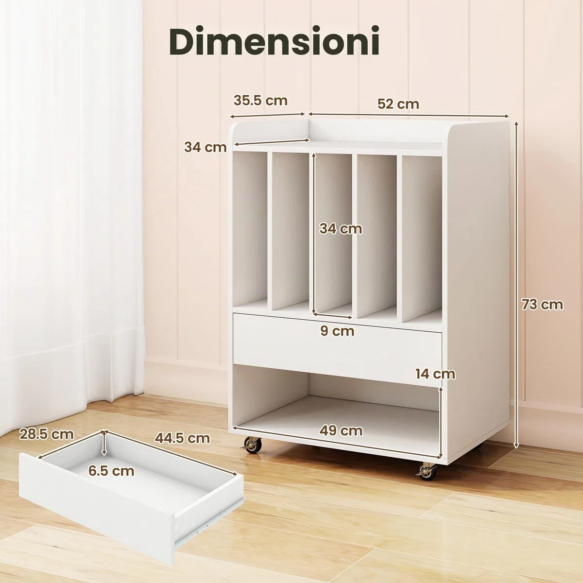 KOMFOTTEU Supporto per Giradischi in Vinile Fino a 180 Album, Mobile Giradischi con Ruote, Mobiletto Portaoggetti con Scomparti Aperti, Cassetto e Ganci per Ufficio, Soggiorno, Studio (Bianco)