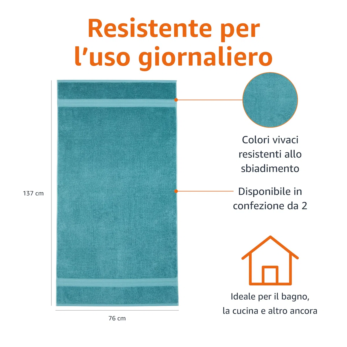 Amazon Basics Set Asciugamani Bagno Spugna 100% Cotone Biologico Telo Doccia 76x137 cm, Verde Acqua, Confezione 2 Pezzi