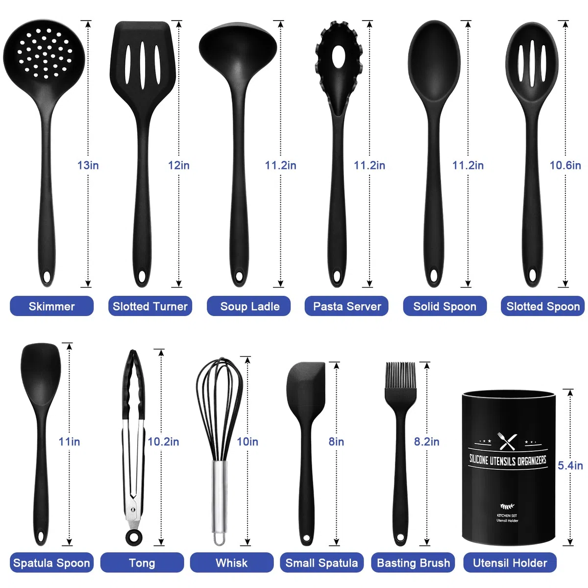 Set di utensili da cucina in silicone, 12 pezzi, set di utensili da cucina con supporto, senza BPA, con rivestimento antiaderente per uso alimentare, utensili da cucina, resistenti al calore e facili