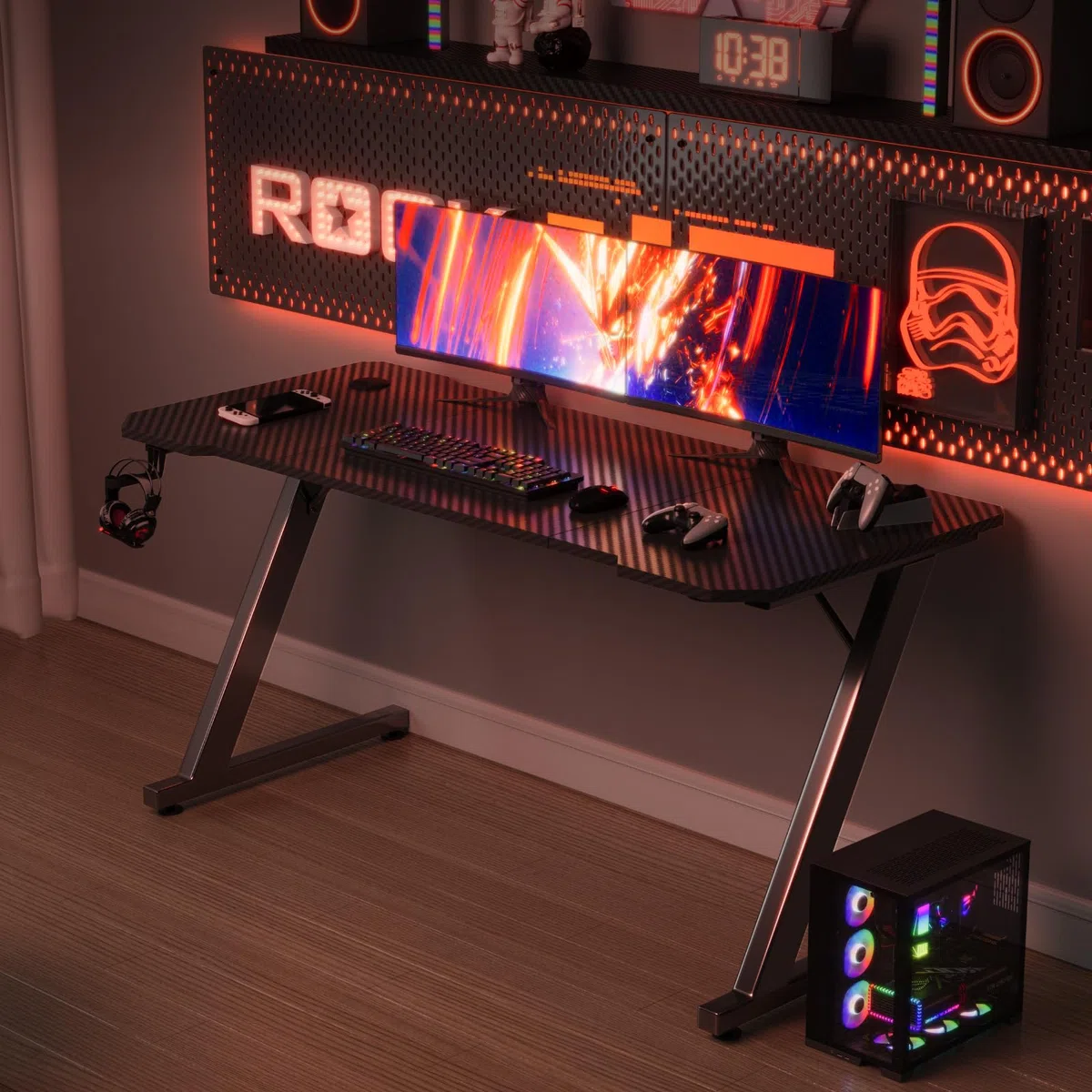 TRIUMPHKEY 120x60cm Scrivania Gaming/Tavolo Gaming - Piano in Carbonio Senza LED, Gambe a Z Ultra Resistente (100kg), con Gancio Cuffie, Design Moderno