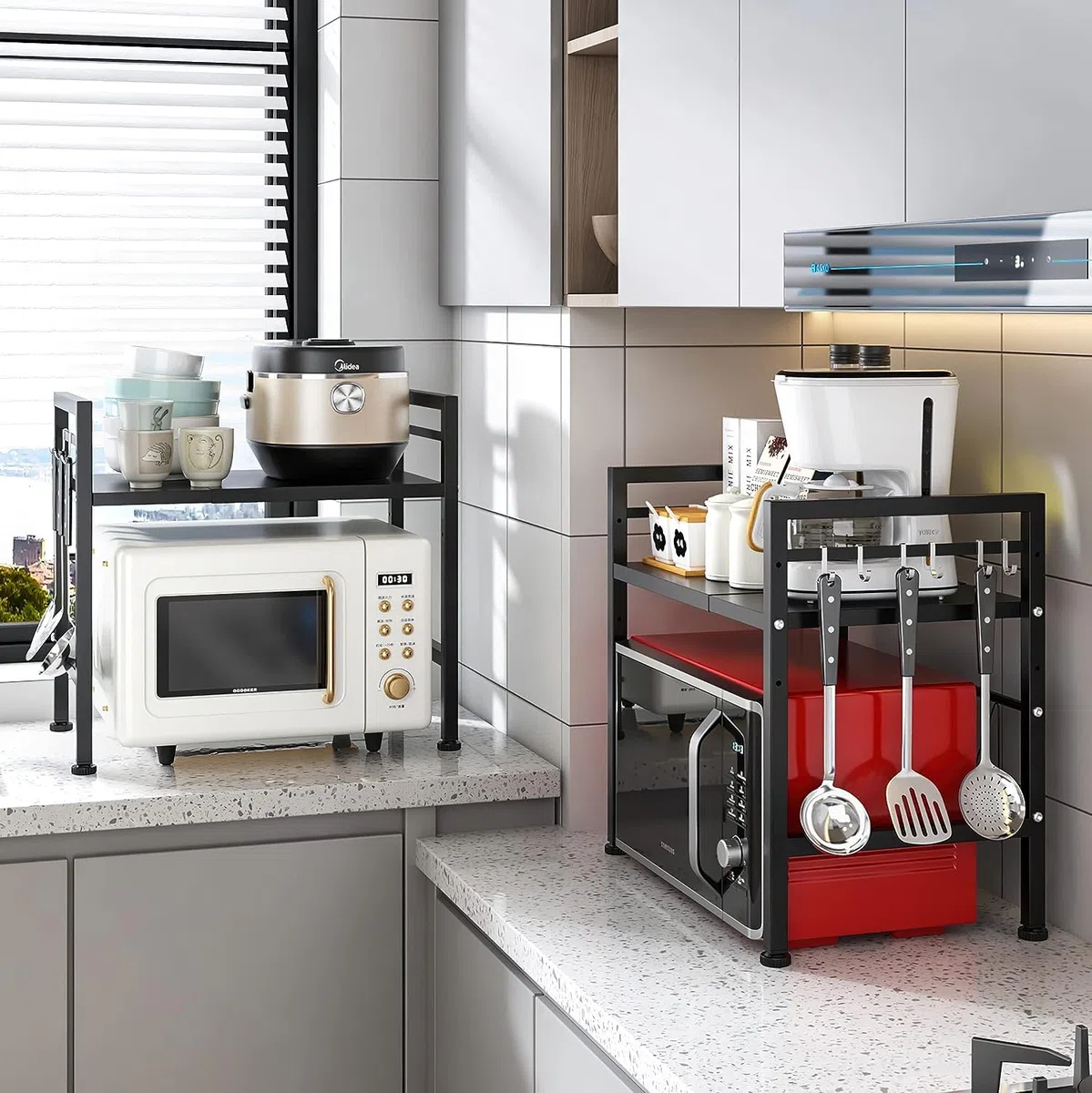 Mensola Microonde Estensibile, 2 Livelli Regolabile Scaffale, Acciaio Carbonio Ripiano Contatore Cucina Organizzatore 6 Ganci, Carico Pesante 60lbs (Nero)