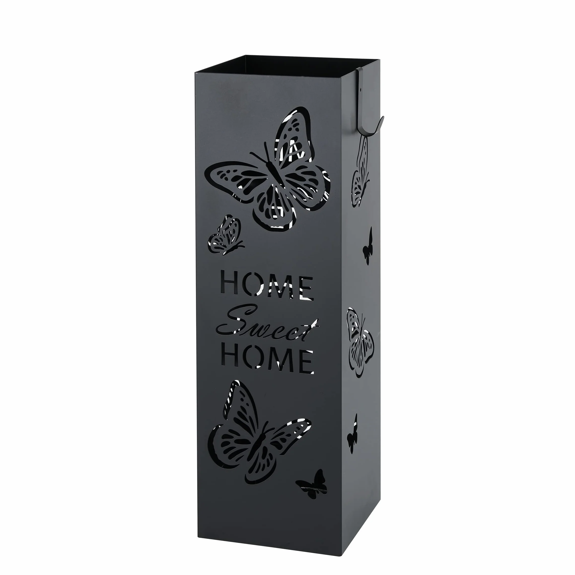 Baroni Home Portaombrelli Design Moderno Porta Ombrelli in Metallo con Farfalle Nero 2 Gancini e Vaschetta Scolapioggia Rimovibile 15,5X15,5X49 cm