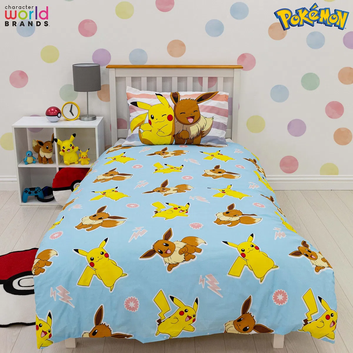 Set copripiumino singolo per bambini, con licenza ufficiale, motivo Pikachu Group reversibile a 2 lati, con federa coordinata, set da letto singolo di marca del mondo dei personaggi | policotone