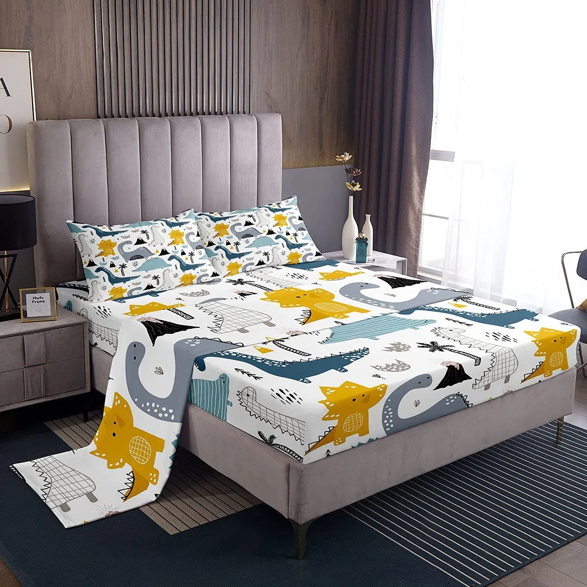 Set di lenzuola con dinosauro, set di biancheria da letto con dinosauro, set di biancheria da letto per bambini, animali con angoli, motivo cartone animato, 3 pezzi,